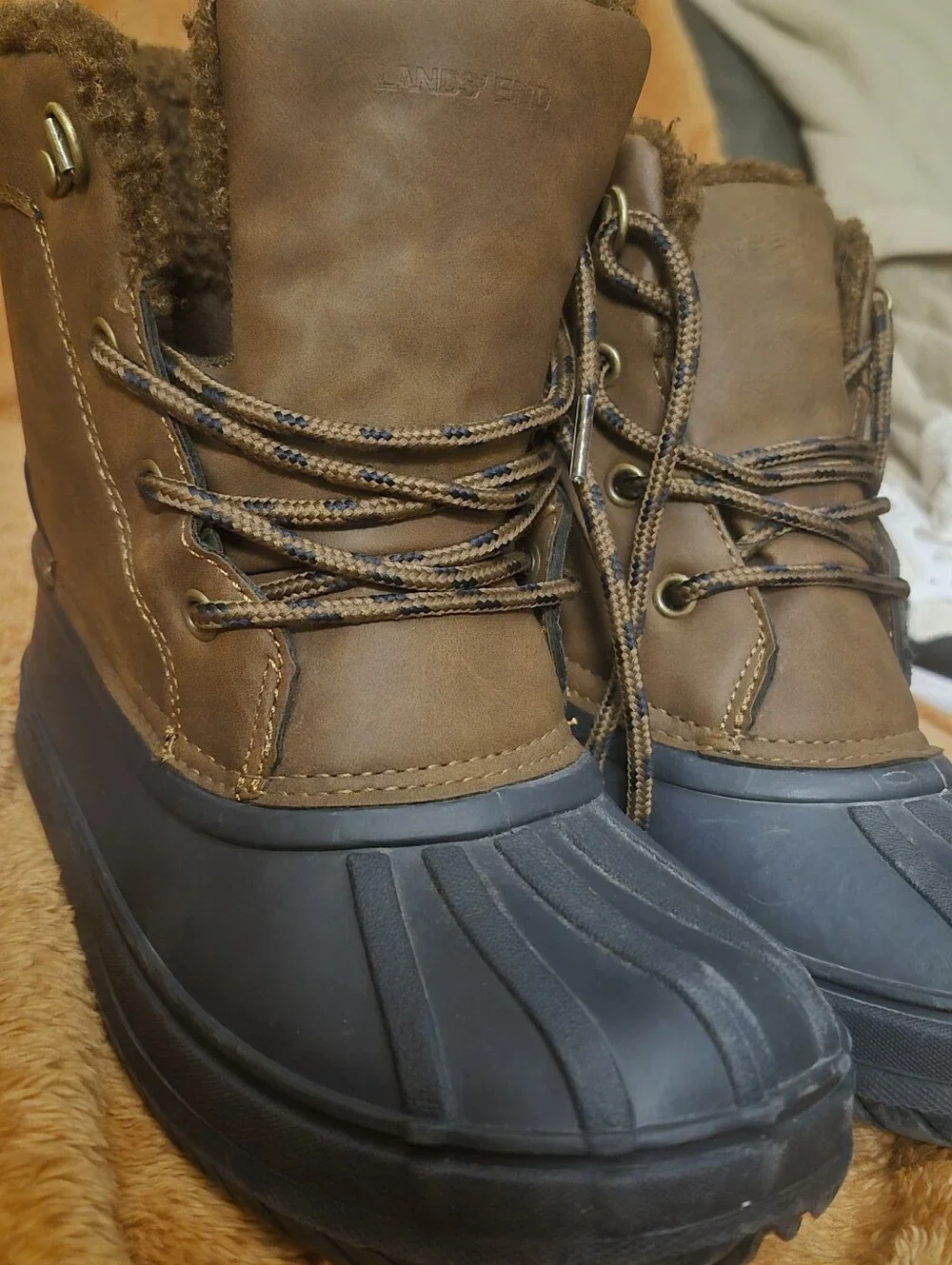 Lands End Big Boys Size 4 Brown Waterproof Duck Boots with Faux Fur Lining